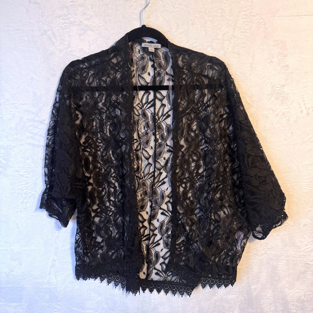 Charlotte Russe Black Floral‎ Lace Kimono Cardigan Open Front Crochet Trim Large